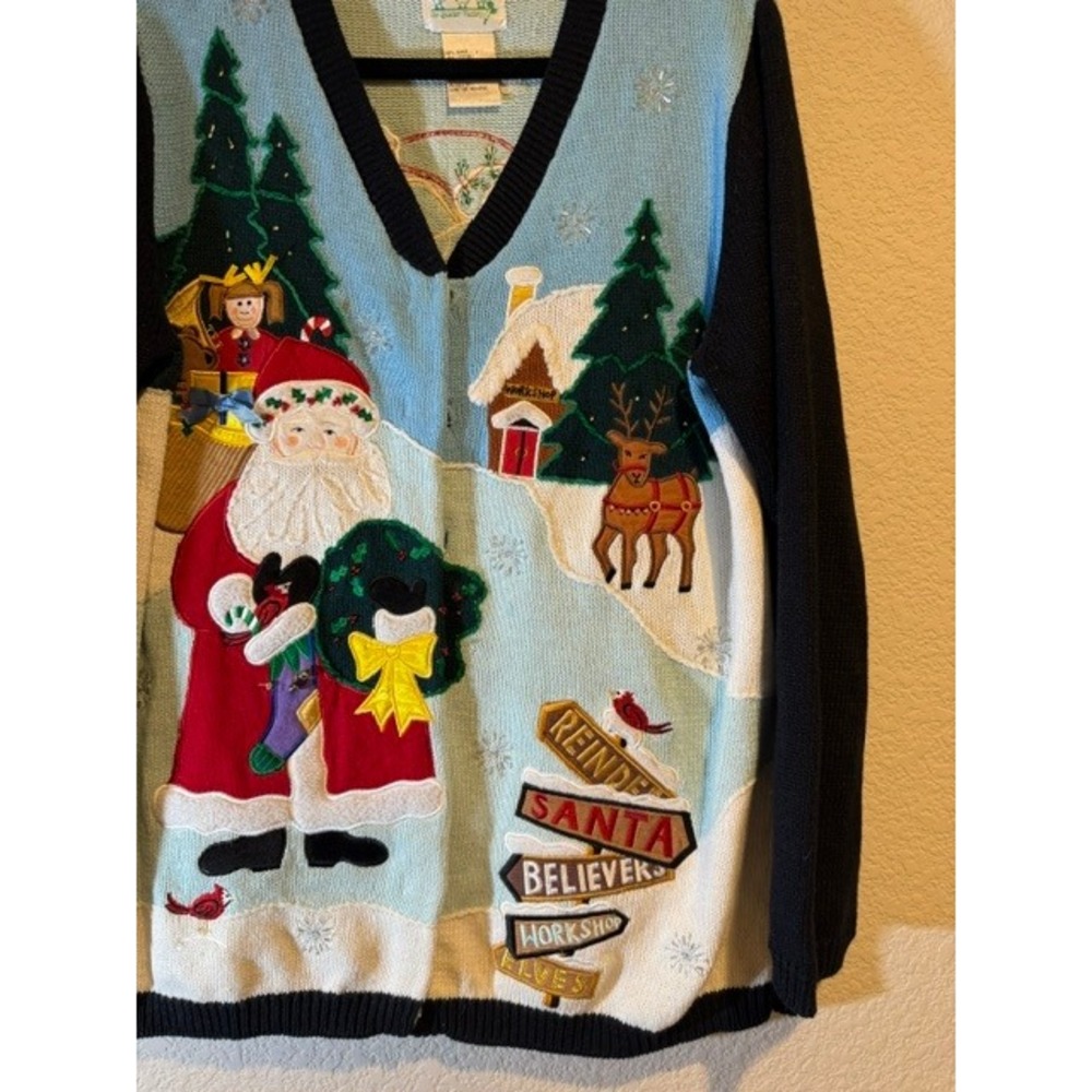 Quacker Factory Christmas Cardigan Santa Reindeer Embroidered Blue M A32231